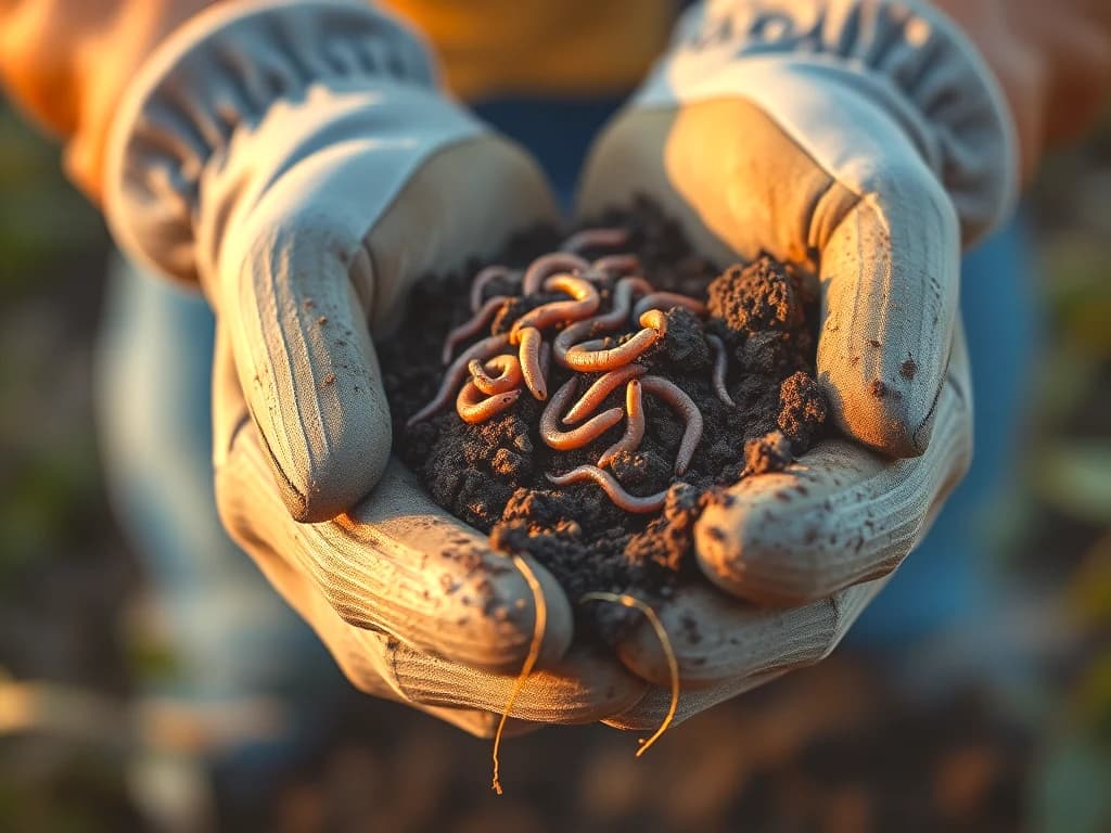 A gloved hand holding rich dark soil with healthy root structure