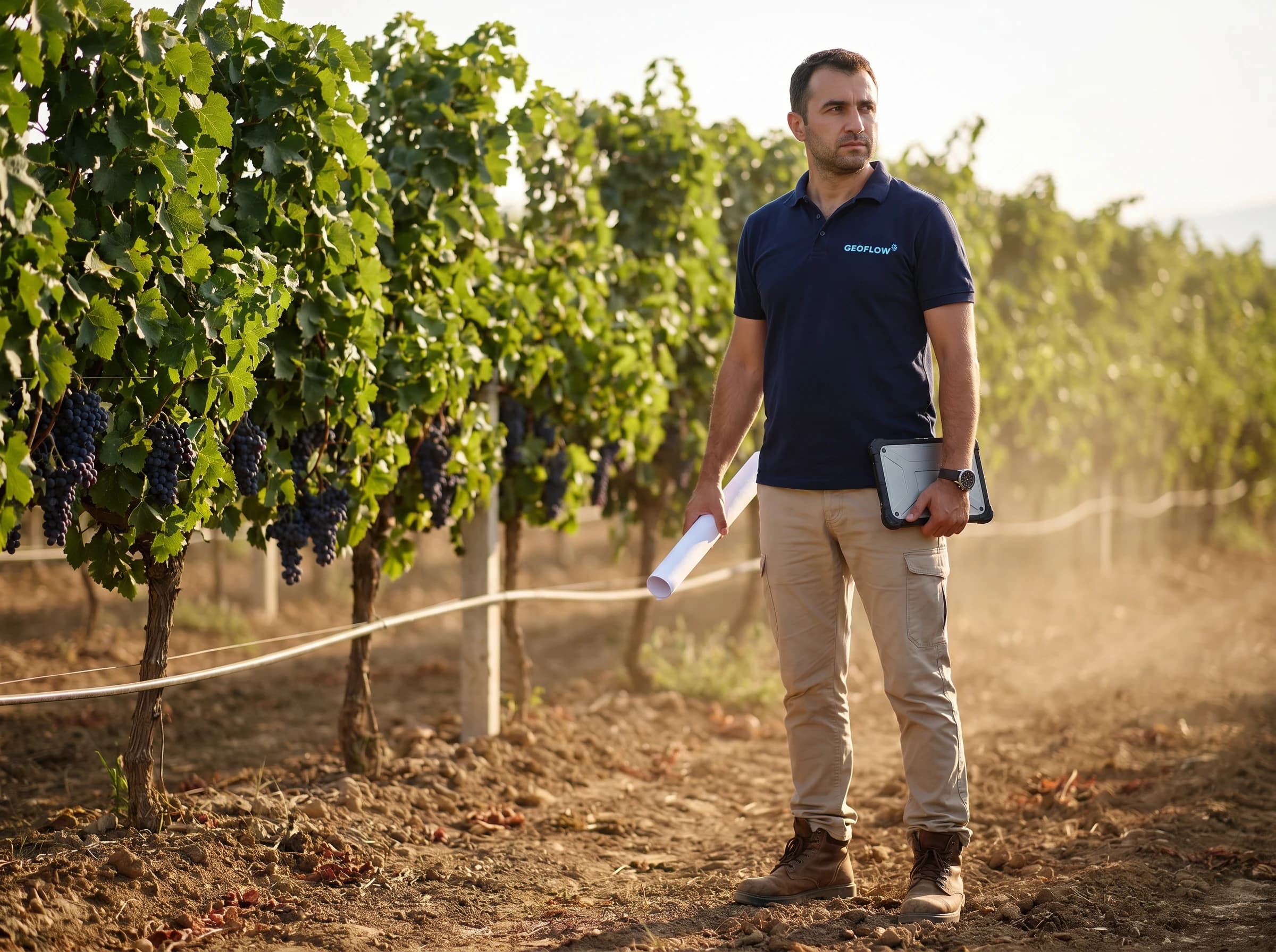 Field engineer reviewing irrigation plans at a Turkish vineyard site