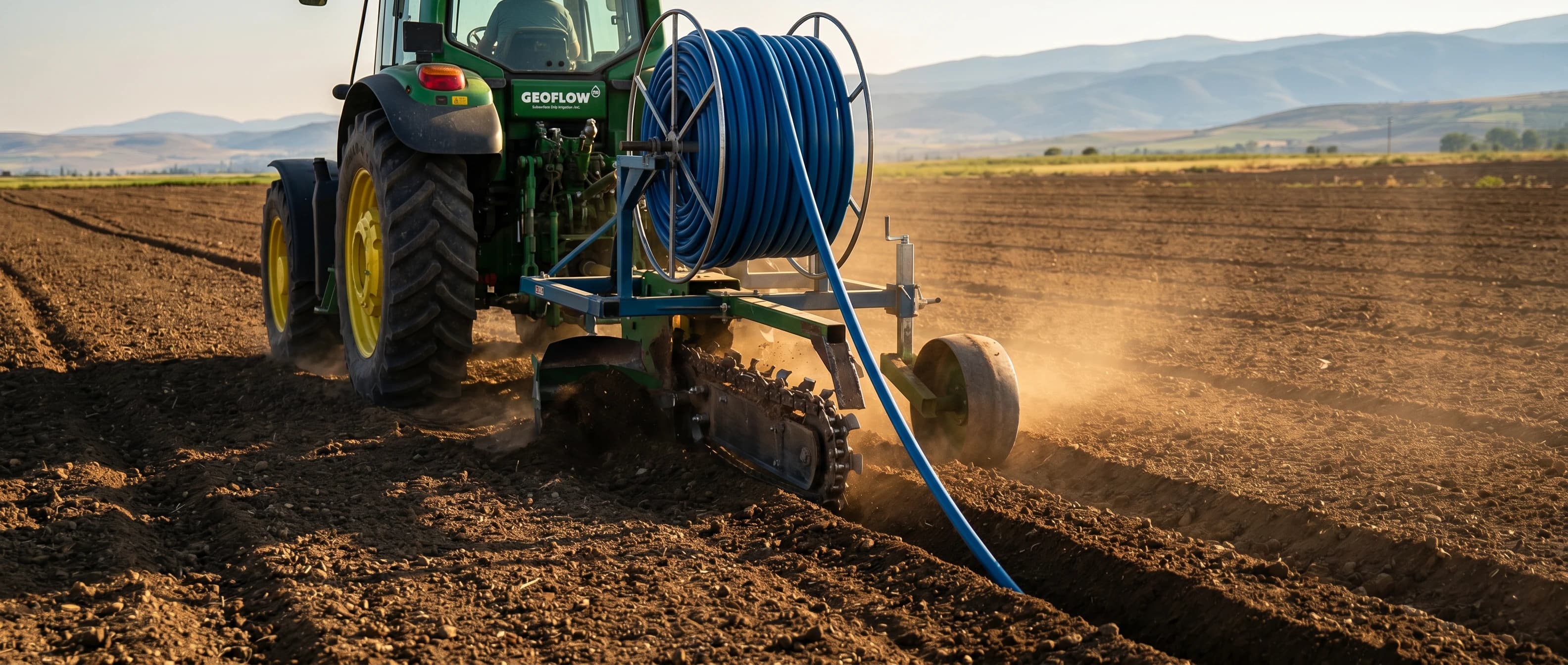 Trenching machine at work installing subsurface drip line